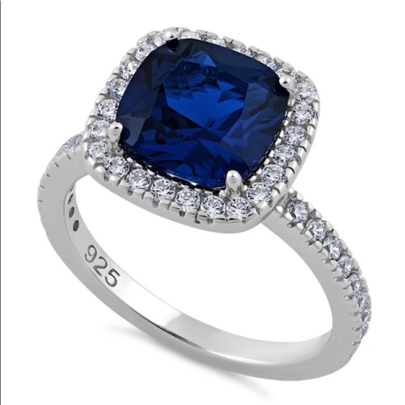 925 STERLING SILVER Cushion Cut Blue Spinel & Cubic Zirconia Halo Ring - Picture 13 of 16